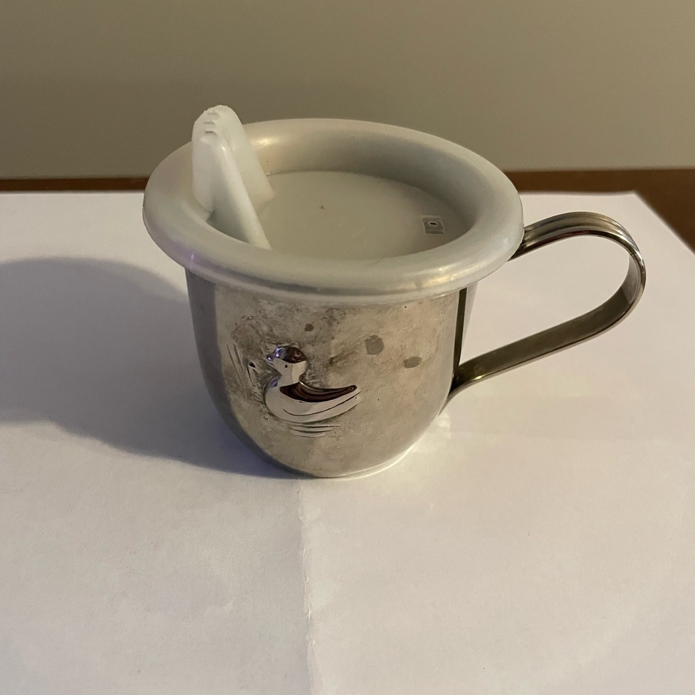 Vintage 1987 Silver Plated Baby Cup Duck Embossed with Plastic Sipper Lid